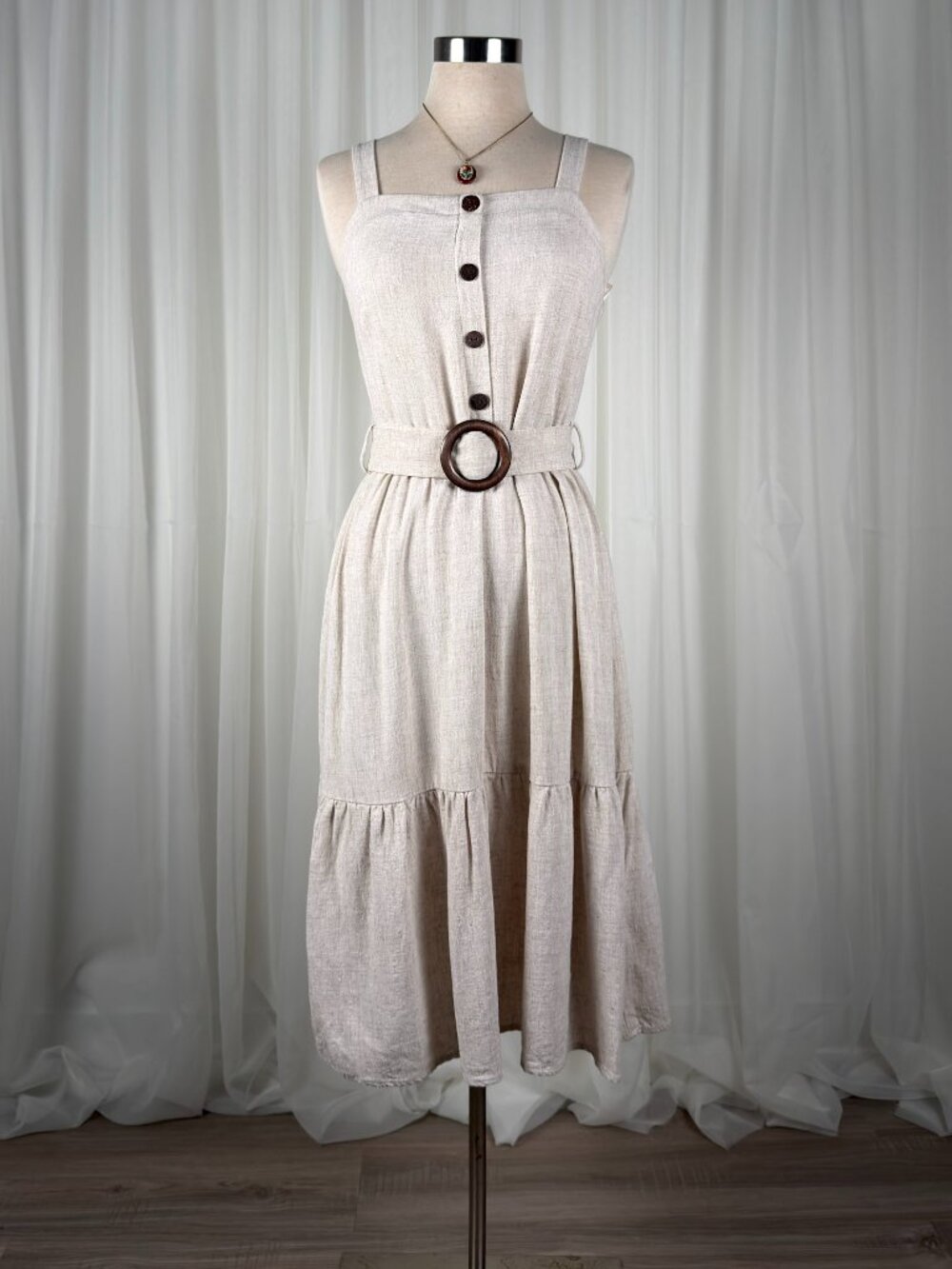Monteau Belted Button Front Tiered Midi Sundress Cottagecore Beige Womens Size M